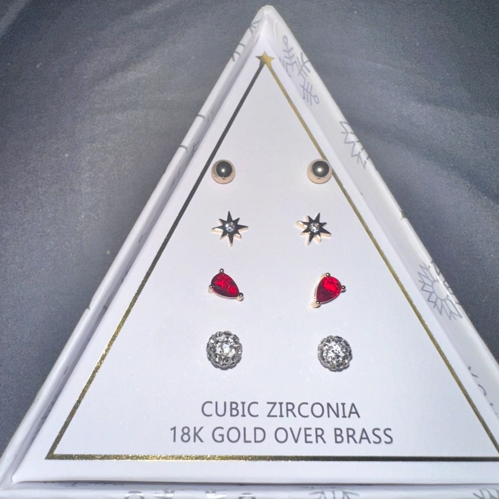 NWT And Now This Cubic Zirconia Crystal Glass 18K Gold Plated 4 Pair Earring Set